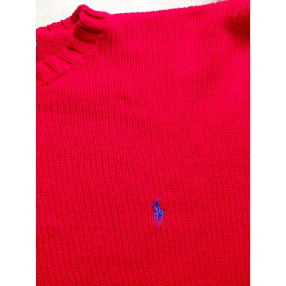 Vintage Polo Ralph Lauren Heavy Knit Crewneck Sweater Red Blue Pony Men's XL 90s